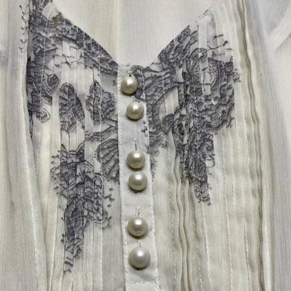 American Rag Cie Sheer Blouse Women's Large Ivory pearl Gray Paisley 3/4 Sleeve - Picture 7 of 11
